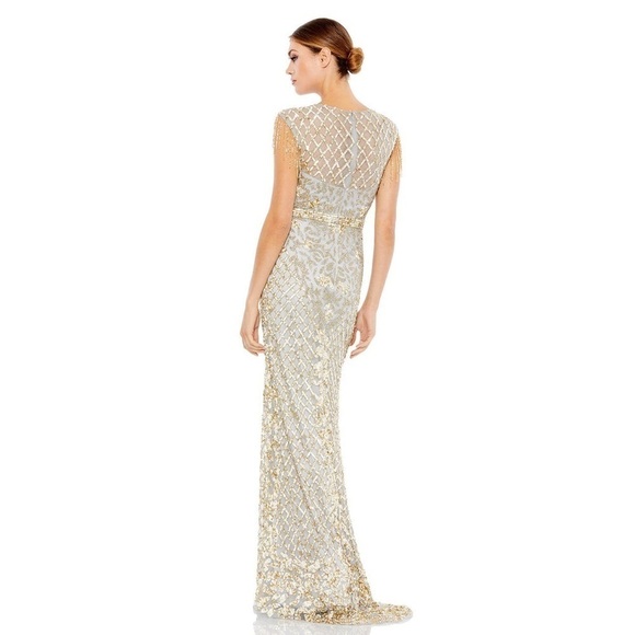 Mac Duggal 4908 HIGH NECK SLEEVELESS BEADED FRINGE FITTED GOWN Platinum Gold - Picture 3 of 10